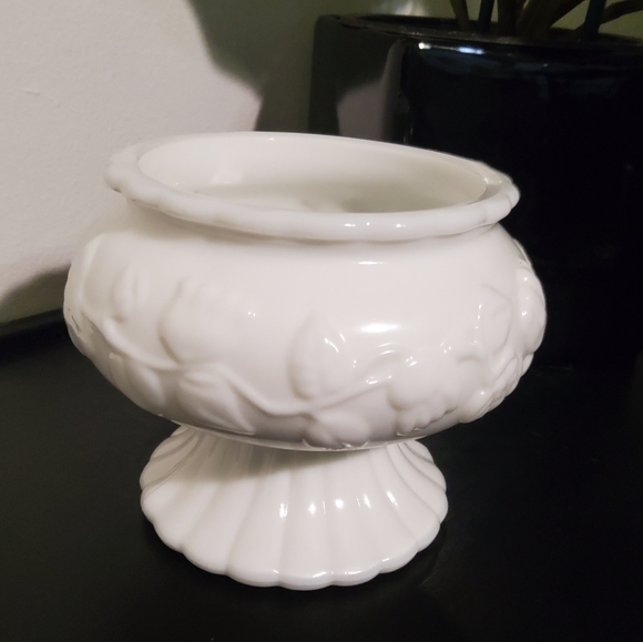 Vintage Milk Glass Pedestal Planter with Floral Embossment - Picture 2 of 5